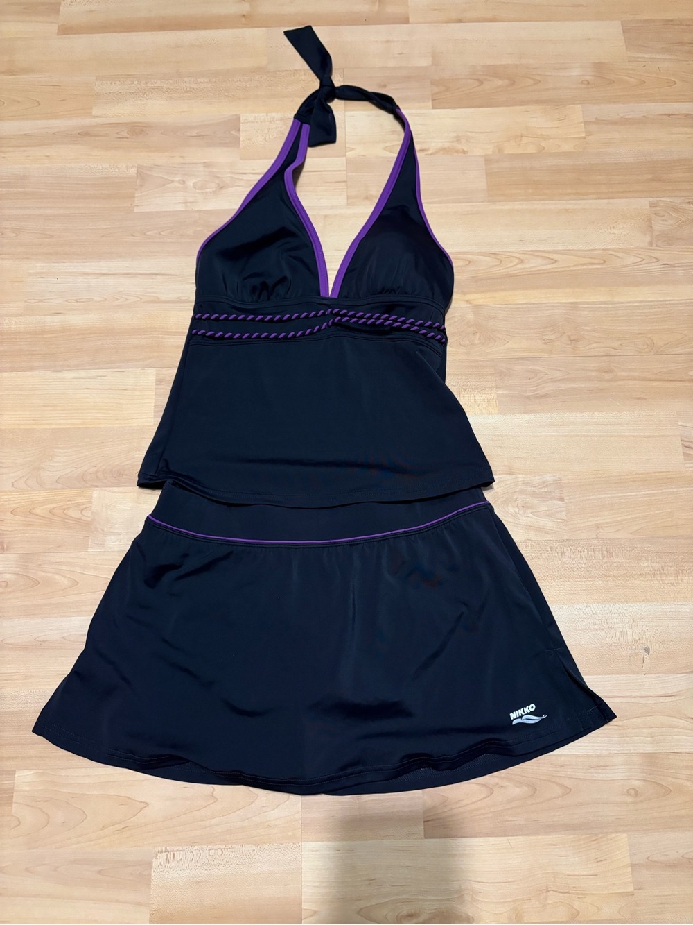Nikko Women’s Black Halter Tankini and Swim Skirt with Purple Trim Medium